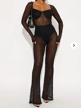 Fashion Nova Black Lace Sheer Long Sleeve Jumpsuit